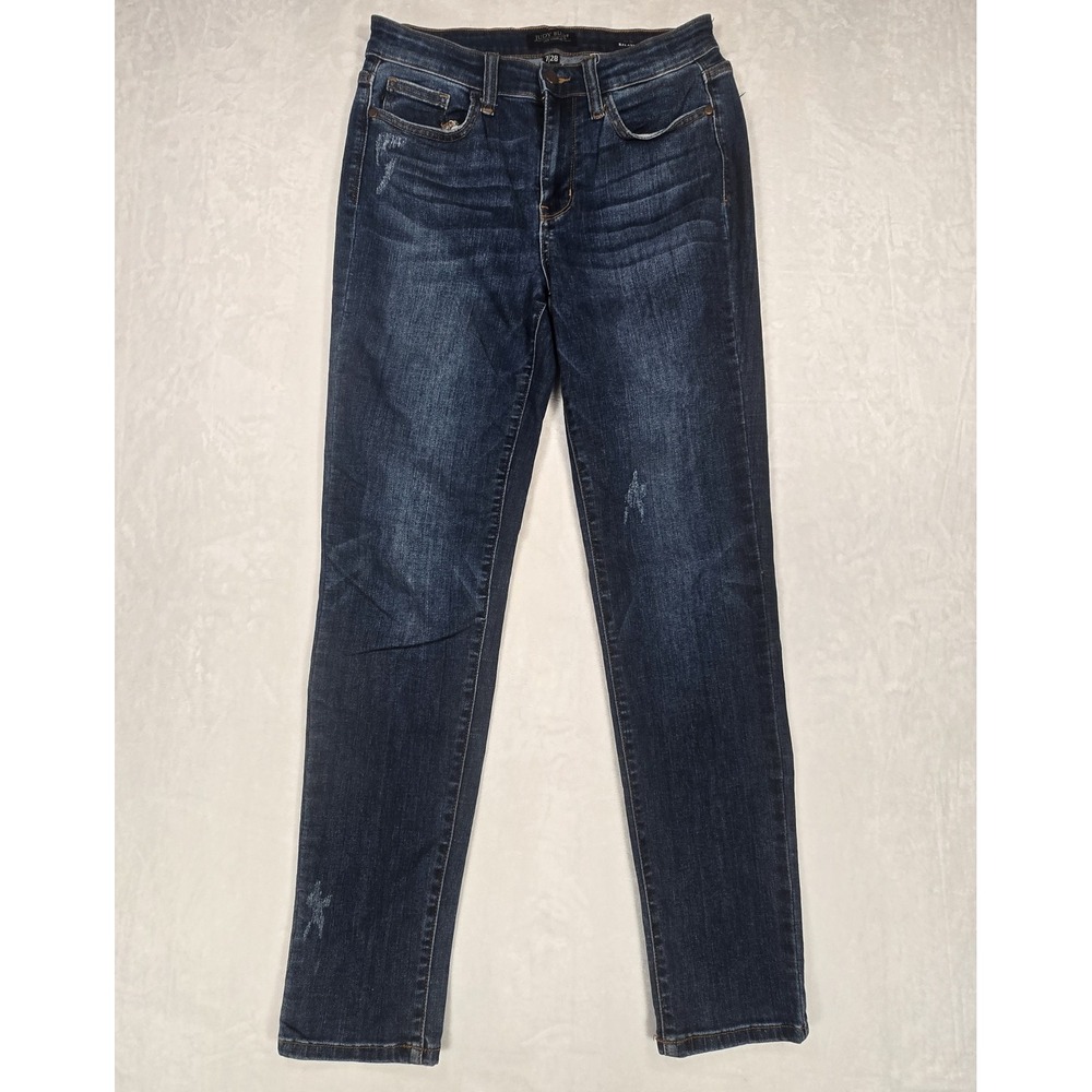 Judy Blue Womens 7/28 Relaxed Straight Jeans Dark Wash Distressed Stretch 82251